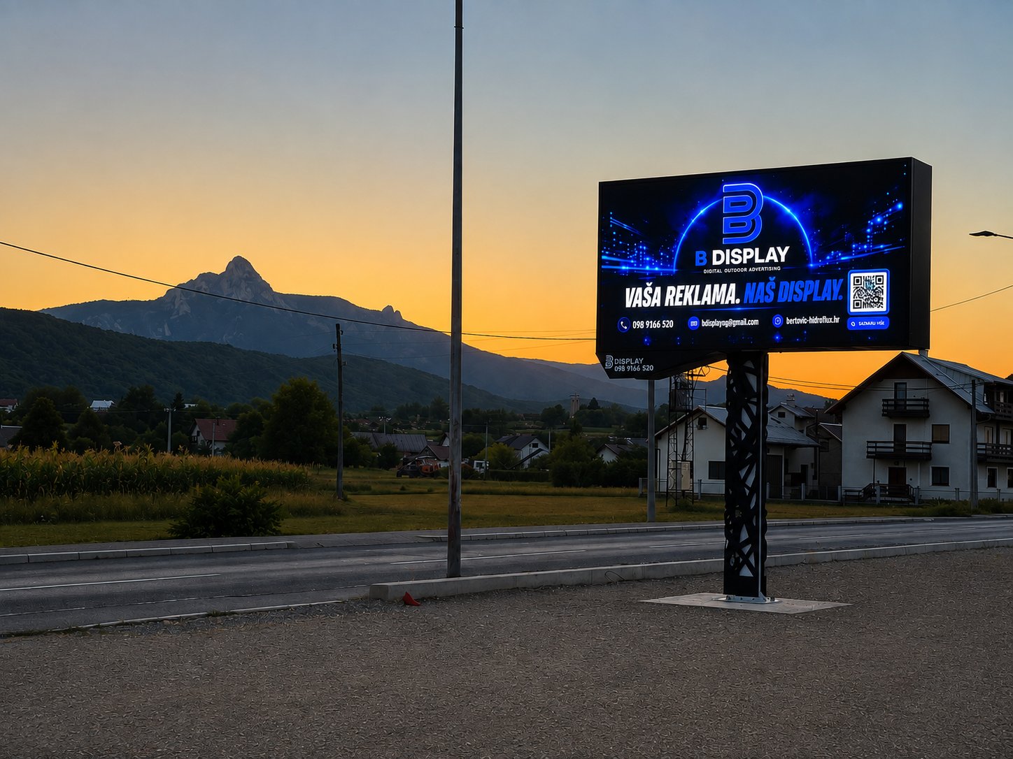 B Display LED zaslon na ulazu u Ogulin, s pogledom na Klek u sumrak